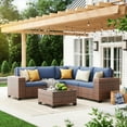 thumbnail image 3 of UDPATIO 6-Piece Patio Furniture Set, Outdoor Patio Sofa Set With Wide Armrest, All-Weather Wicker Rattan Guest Set With Cushion And Glass Table And Waterproof Cover, Brown & Navy Blue, 3 of 11