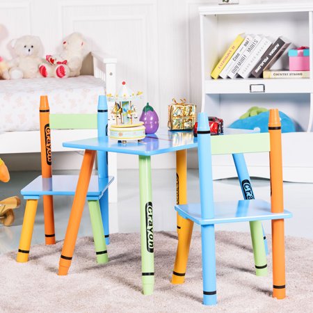 Gymax 3 Piece Crayon Kids Table & Chairs Set Wood Children ...