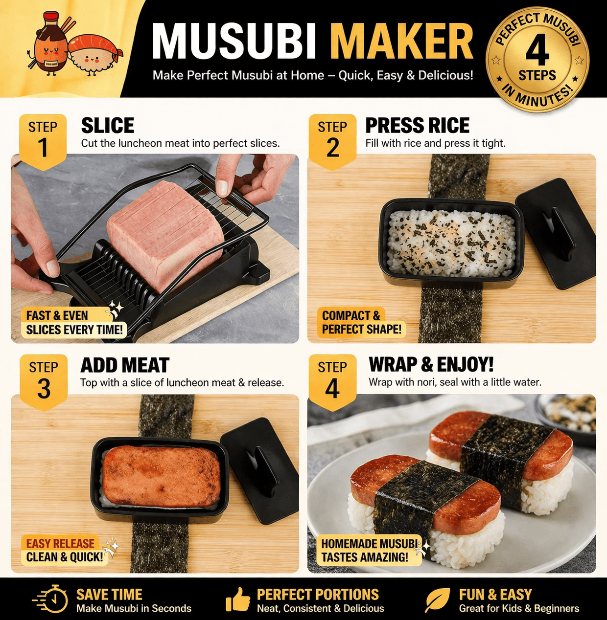FUNGYAND Musubi Maker Press Kit with Spam Slicer Onigiri Mold for Lunch Bento, Homemade Sushi