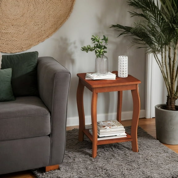 Resenkos 15 Inch 2-Tier Square End Table with Storage Shelf Set of 2-Walnut, Nightstand Small Side Table, End Table for Bedroom Living Room