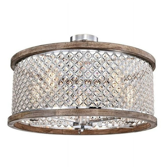 Olyvia 24 in. 5-Light Indoor Chrome and Faux Wood Grain Finish Semi-Flush Mount Ceiling Light with Light Kit