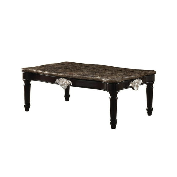 Traditional Style Rectangular Marble and Wood Coffee Table, Brown
