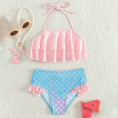 

Gubotare Toddler Girl Swimsuit Set Baby Bathing Suit 2PCS Ruffled Crop Top+Bikini Bottoms Girls Medium Swim Pink 4T