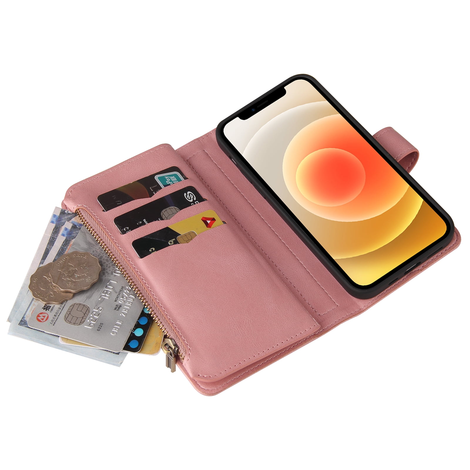 Wallet Case for iPhone 12 / 12 Pro, Magnetic Zipper Pouch Premium PU Leather with Kickstand Wallet Flip Shockproof Phone Case Wrist Strap Card Slots Holder Pocket iPhone 12 / 12 Pro,
Pink