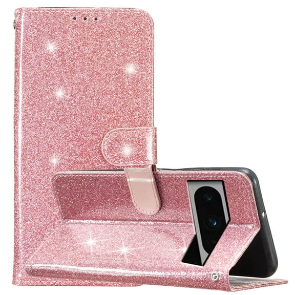 Wallet Case for Google Pixel 8,Decase Women Girls Case with Card Holder Kickstand & Wrist Strap Luxury Bling Glitter PU Leather Flip Card Phone Cover for Google Pixel 8,Rosegold