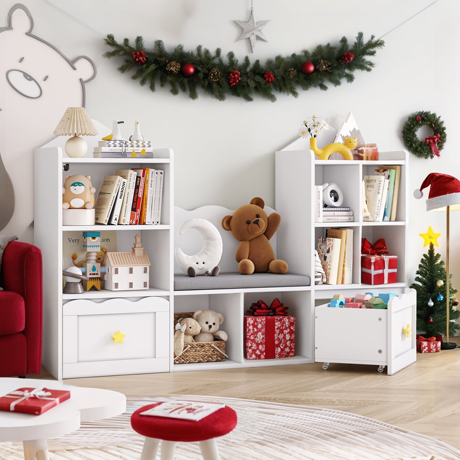 Homfa Kids Bookshelf with Reading Nook, Kids Storage Cabinet with 8 Cubby, 2 Wood Toy Bin for Nursery Kids Room, White