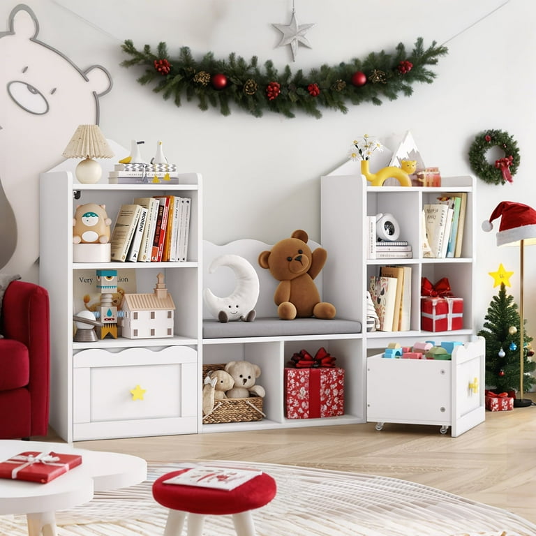 Homfa Kids Bookshelf with Reading Nook and Toy Storage, White Kids