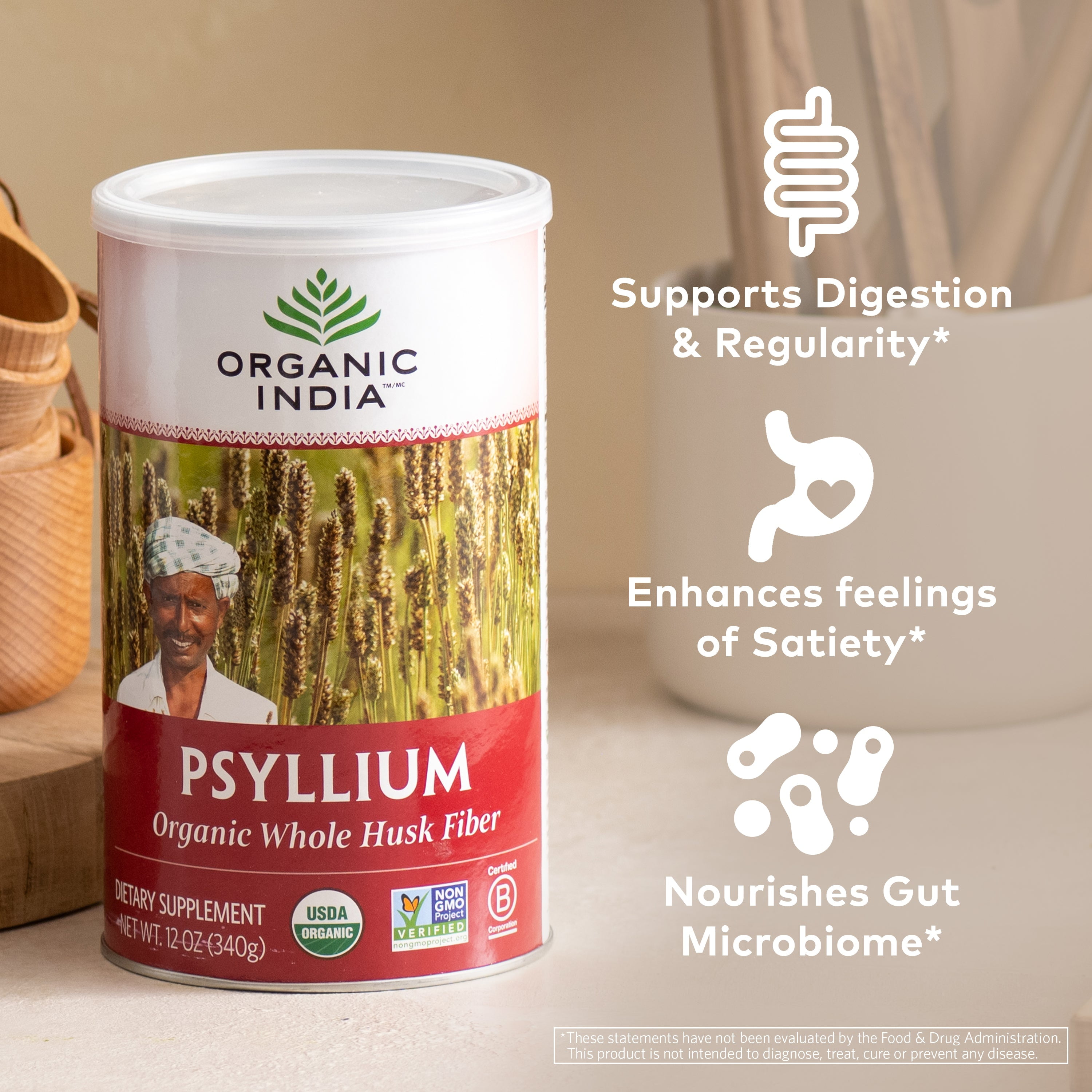 Organic India Psyllium, Whole Husk 100% Certified Organic Fiber, Natural Dietary Fiber 12 oz
