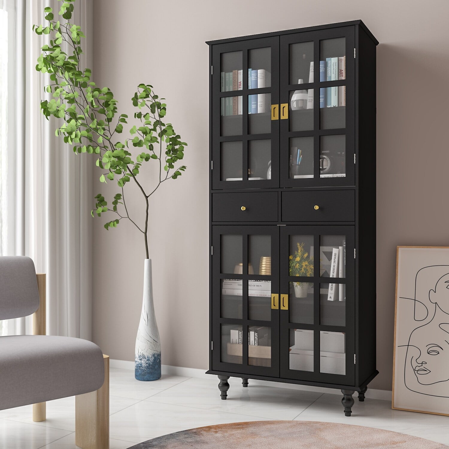 Tall Storage Kitchen Pantry Glass Doors Bookcase Black