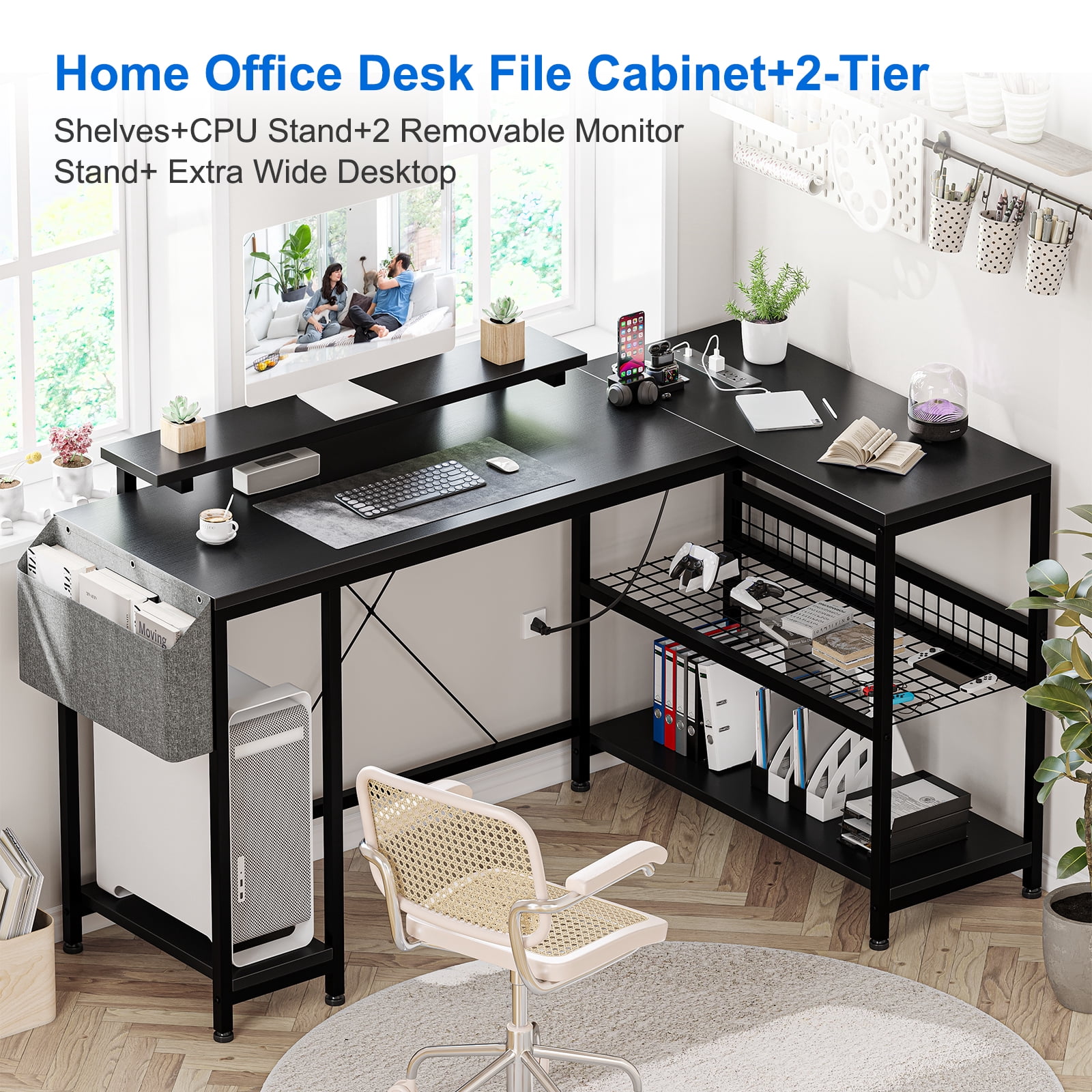 L Shaped Desk, Computer Gaming Desk with Power Outlet & Led Light, Reversible Corner Desk with Monitor Stand & Storage Shelves, Storage Bag for Home Office