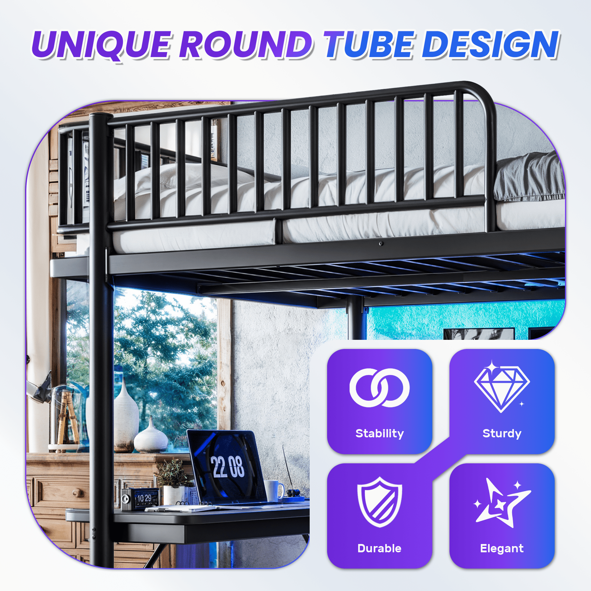 Leumius Queen Loft Bed Frame with L-Shaped Desk,LED Light Strip and Charge Station, Metal Loft Bed with Computer Mainframe Tray and Hanging Area, Special Round Pipe Design for Teens Adults Black