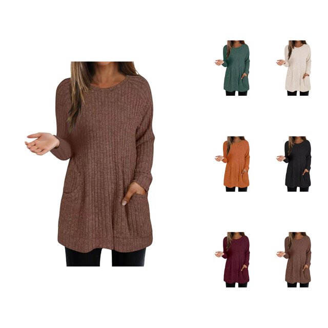 Long Chandail pour Femmes 2025 Manches Longues Col Rond Tricoté Côtelé avec Poches Tenues Automne Hiver