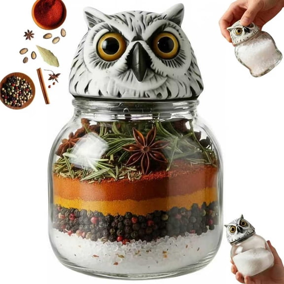 Handcrafted Vintage Glass Spice Jars Set, Witch-Themed Apothecary Jars with Owl Lid, Gothic Kitchen Storage for Herbs, Teas, Home Decor
