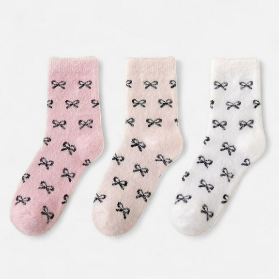 Women's 3-Pack Fuzzy Crew Socks with Allover Bow Pattern Soft Cozy Knit Winter Sock Set - Multicolored