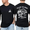 thumbnail image 2 of Faith Follow The Word Not The Herd T-Shirt Unisex – Double-Sided Christian Graphic Tee with Cross, Cow & Mountain Design, 2 of 7
