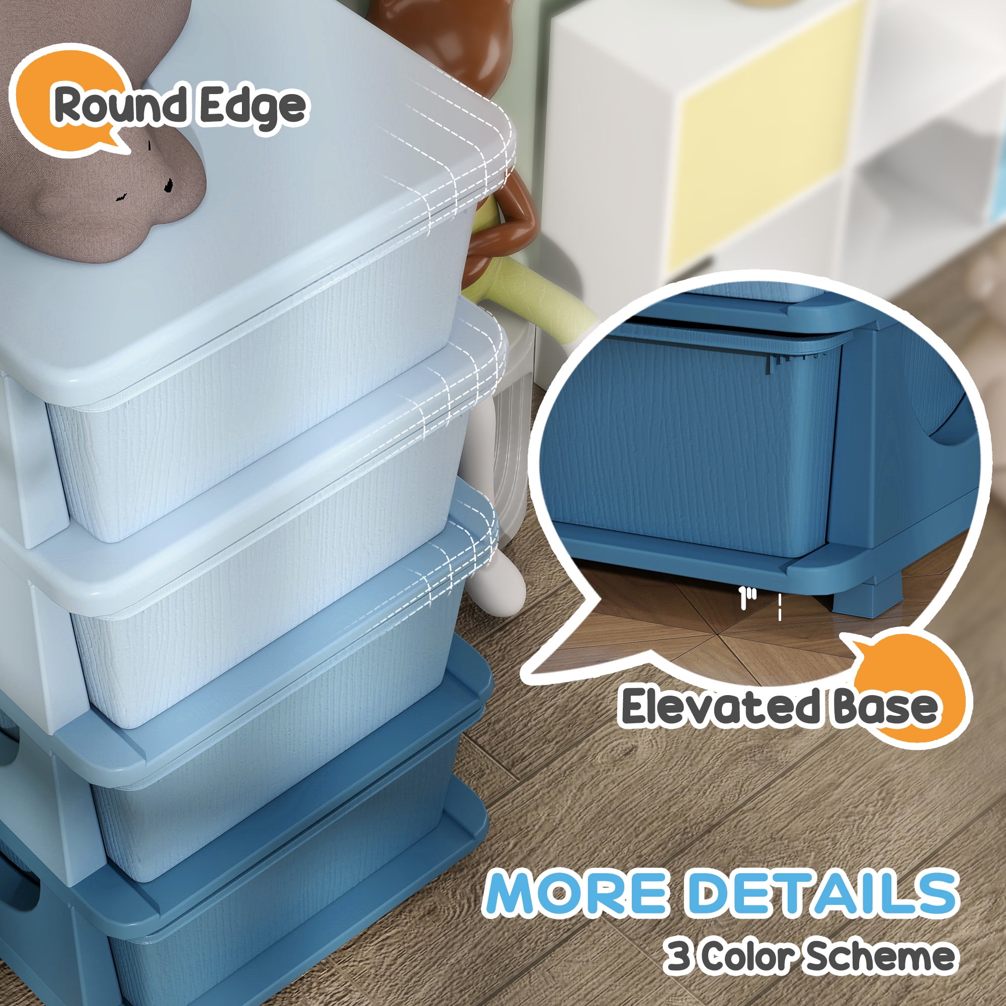 Qaba 4 Tier Kids Storage Unit Dresser Tower with Drawers Chest Toy Organizer for Bedroom Nursery Kindergarten Living Room for Boys Girls, Blue