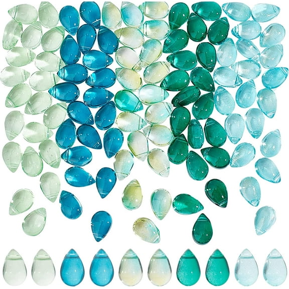 100 Pcs Teardrop Czech Glass Beads 5 Colors Transparent Beads with Glitter Water Drop Loose Pendants Beads for DIY Necklace Earring Bracelet Jewelry Making Blue&Green for diy