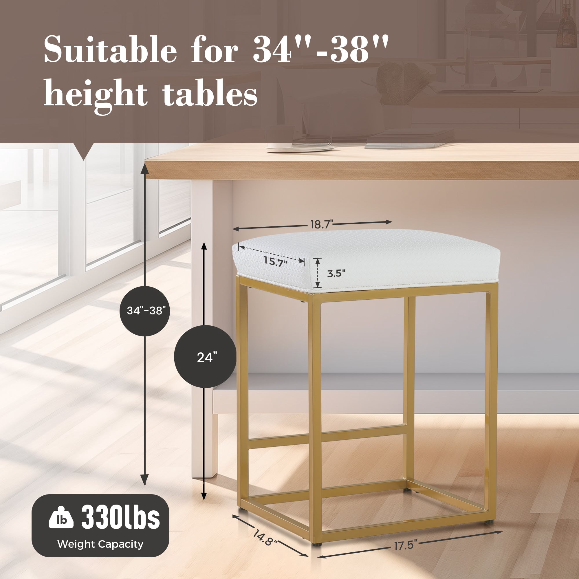 SUMMIT LIVING 24" Counter Height Bar Stool Set of 2, Upholstered Faux Leather Backless Counter Stool for Kitchen Island, Gold and White