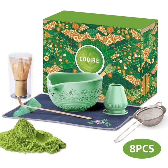Skdwakiz 8PCS Matcha Whisk Set, Traditional Matcha Gift Set - Reusable Matcha Making Kit with Ceramic Matcha Bowl, Whisk Holder, Bamboo Matcha Whisk and Bamboo Scoop for Matcha Lovers