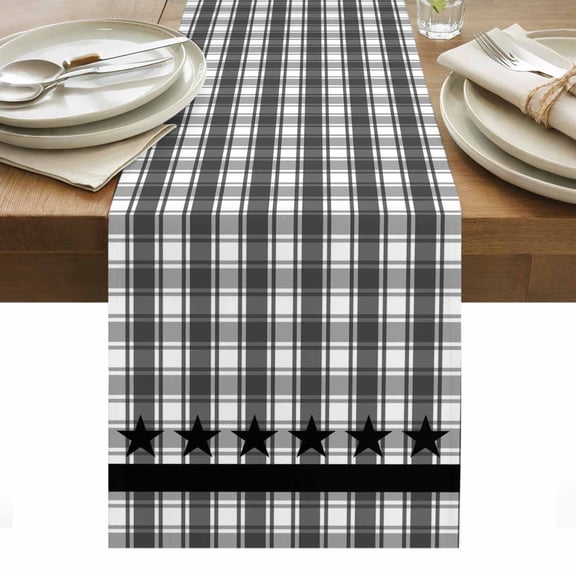 Gray Black Plaid Table Runner - 70 Inch Long, Kitchen Dining Table Runner Dresser Scarves, Vintage Star Greyish Buffalo Lattice Farmhouse Decor for Coffee Tables Wedding Party Banquet