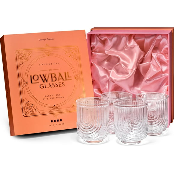 GLASSIQUE CADEAU Vintage Art Deco Lowball Gatsby Cocktail Glasses | Set of 4 | 13 oz Double Old Fashioned Tumblers for Drinking Classic Whiskey, Gin, Vodka Bar Drinks | Round Short Glas