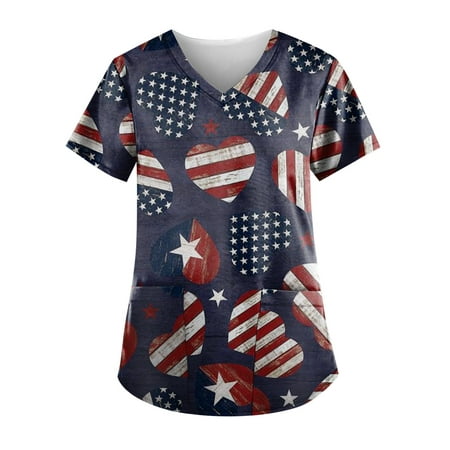 

Sksloeg Scrub Top For Women Fashion 2023 Independence Day Top Color Block Flag Stripes Printed V-Neck Workwear T-Shirts With Pockets Patriotic Nursing Working Uniform Vermilion XXL