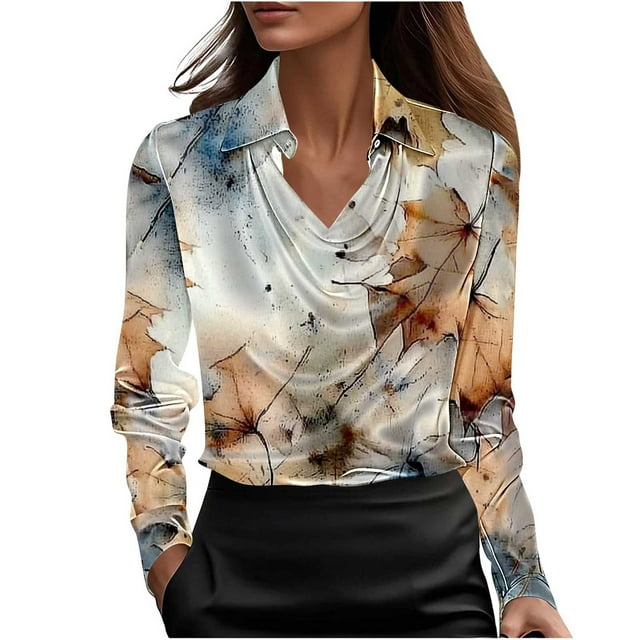 Printed Drop Neck Tunic for Women Boho Floral Pattern Long Sleeve Top with Button Front Relaxed Casual Blouse