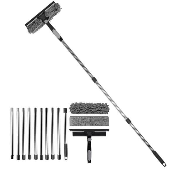 15Ft Window Squeegee Cleaning Washing Tool/Kit with Extension Pole, 2 in 1 Squeegee for Window Cleaning Kit for High Window with 1 Rotatable Head 3 Interchangeable Scrubber