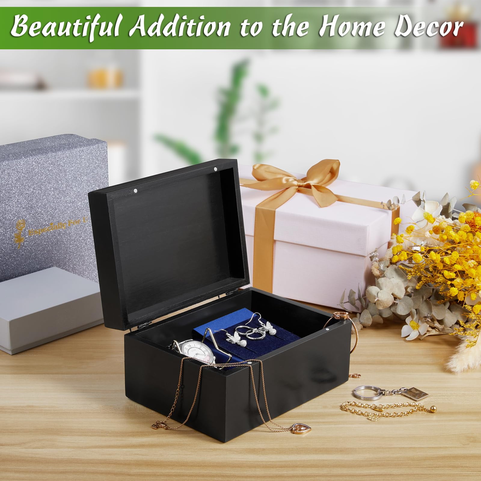 Small Keepsake Box  Black Wood Memory With Hinged Lids Wooden Storage 3x5 4x6 Decorative Card Bridal Shower Gifts
