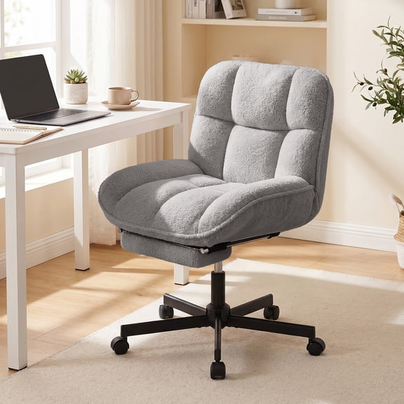 Daluvenix Office Chair, Ergonomic Extra Wide Big Desk Chair with Retractable Footrest, Height Adjustable Swivel Teddy Fleece Mid Back Home Chair with Wheels, Gray