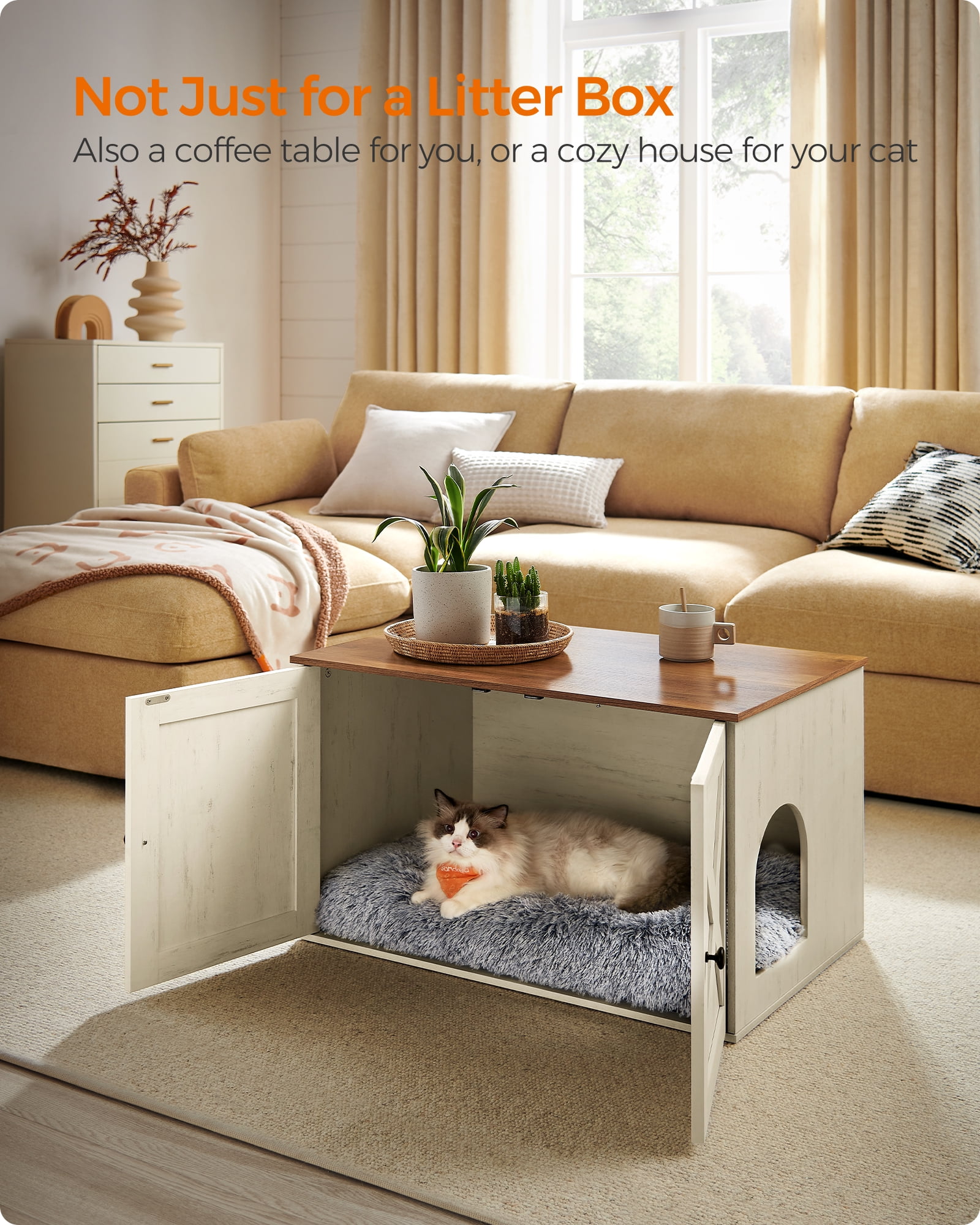 Hidden Cat Litter Box Enclosure Furniture Large Multi-Functional Cat Litter Box Washroom with Removable Divider Rustic White