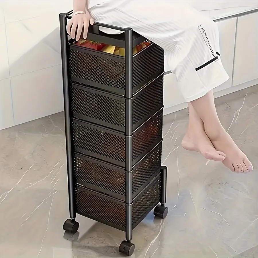 5-Tier Rotating Metal Storage Shelf on Wheels – Multi-Layer Fruit & Vegetable Basket Trolley, Square Floor-Standing Utility Cart for Kitchen, Bathroom, Garage