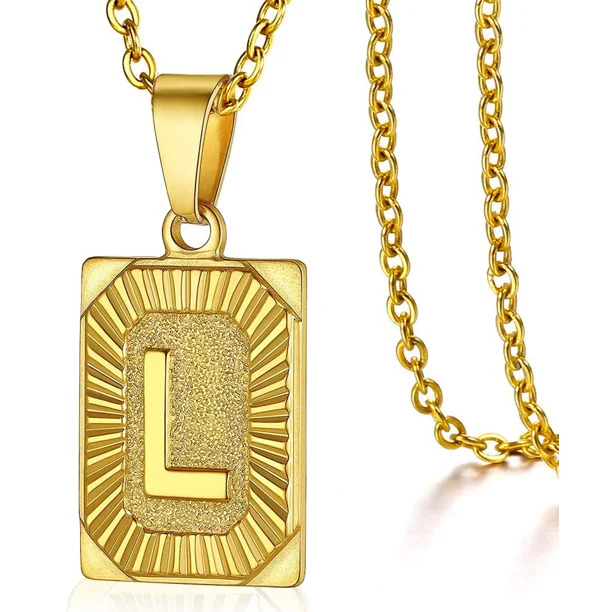 Initial Pendant Necklace for Women Simple Stainless Steel Cuba Link Charm Letter Square Necklace Men Jewelry Couple Gift