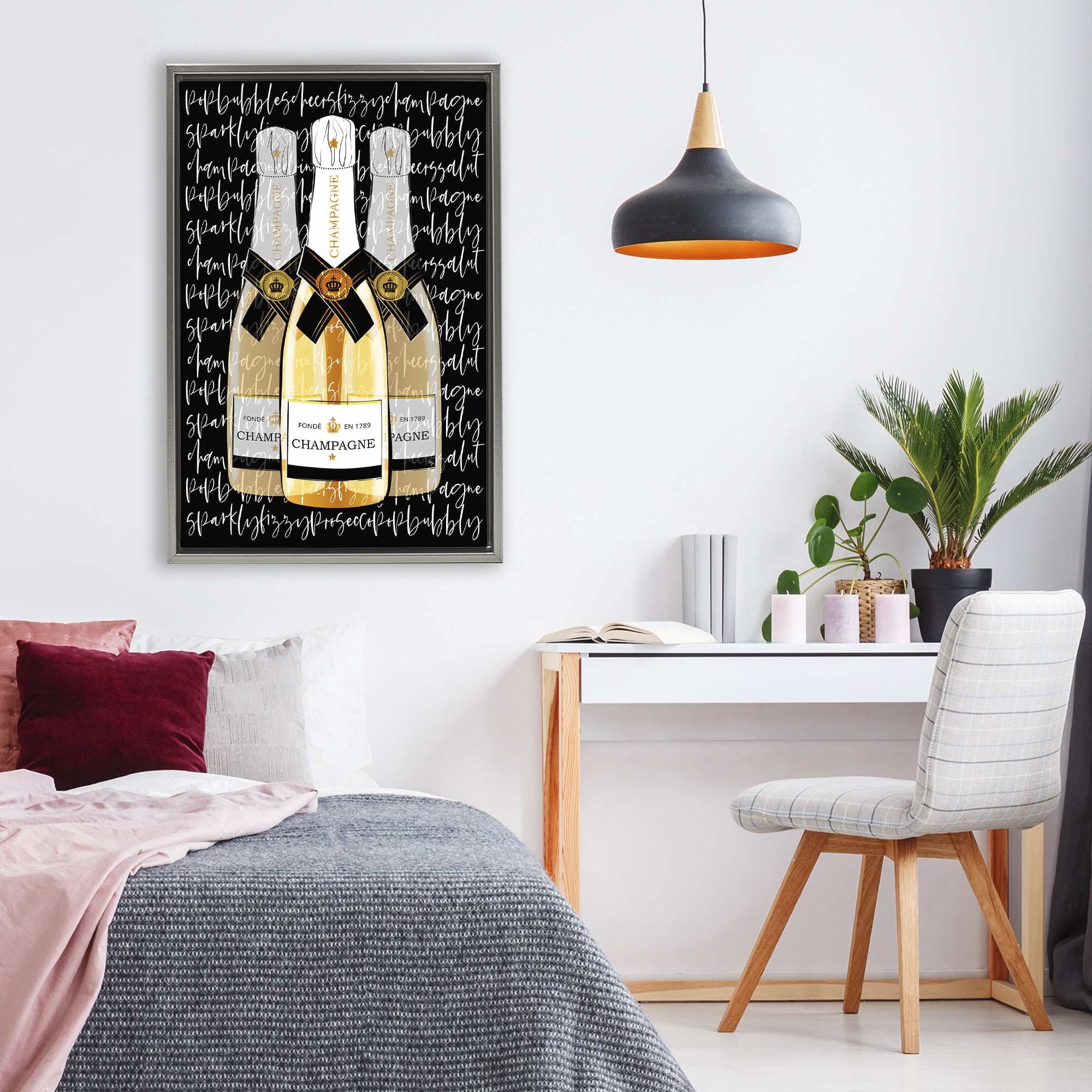 Stupell Industries Triple Champagne Bottle Love Gray Framed Floater Canvas Wall Art, design by Martina Pavlova