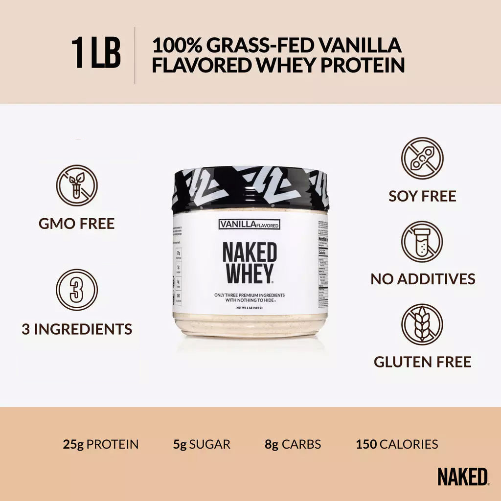 NAKED Nutrition Vanilla Whey Protein 1Lb, Only 3 Ingredients, All Natural Grass Fed Whey Protein Powder + Vanilla + Coconut Sugar- GMO-Free, Soy Free, Gluten Free. Aid Muscle Growth, 12 Servings