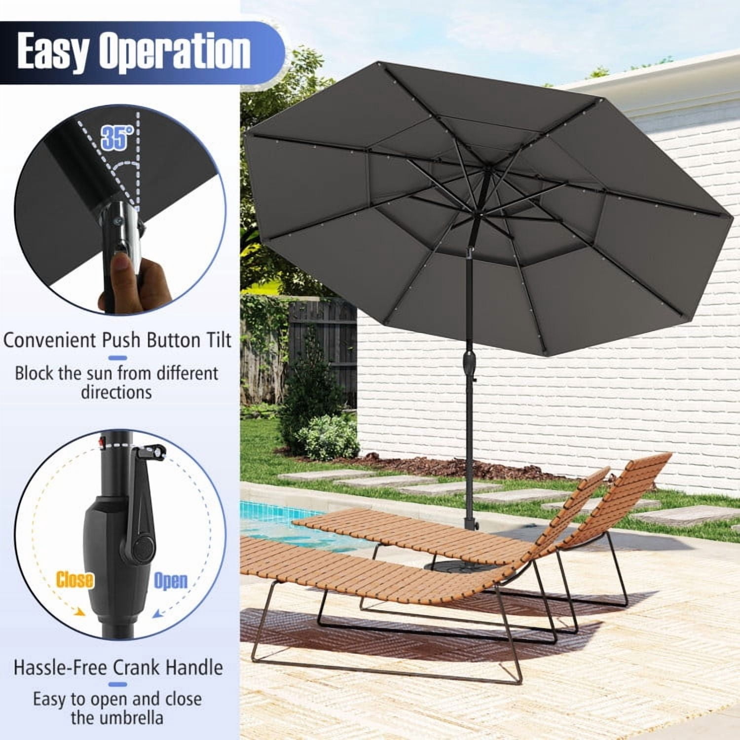 YYAo Outdoor Garden Umbrella,Market Umbrella,10 Feet Solar Patio Umbrella with 32 LED Lights 3-Tier Vented Top-Gray