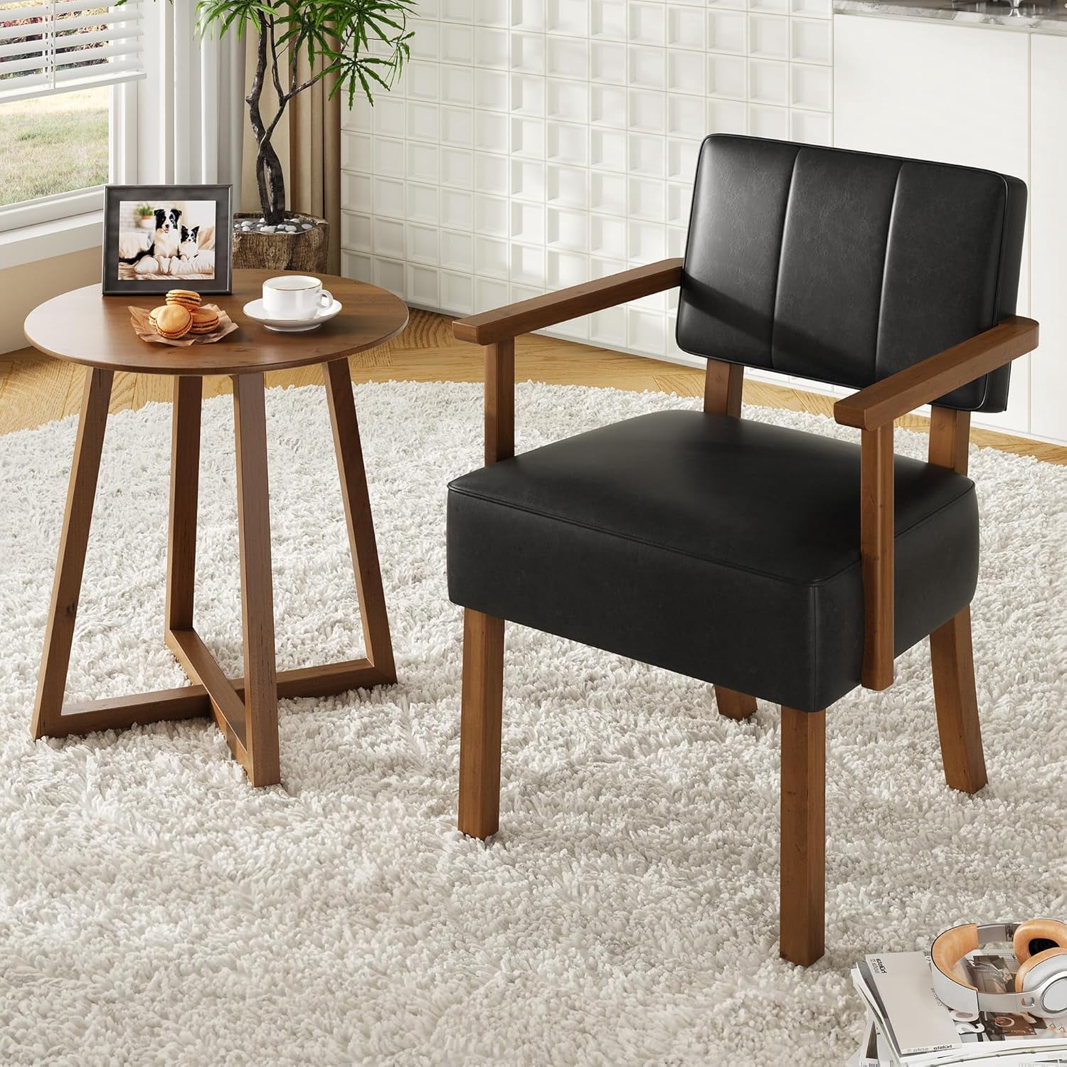 Set of 2 Mid Century Modern Accent Chairs, Black Faux Leather Armchairs with Vertical Tufted Back, Upholstered Lounge Chair Set with Wood Frame for Living Room & Bedroom