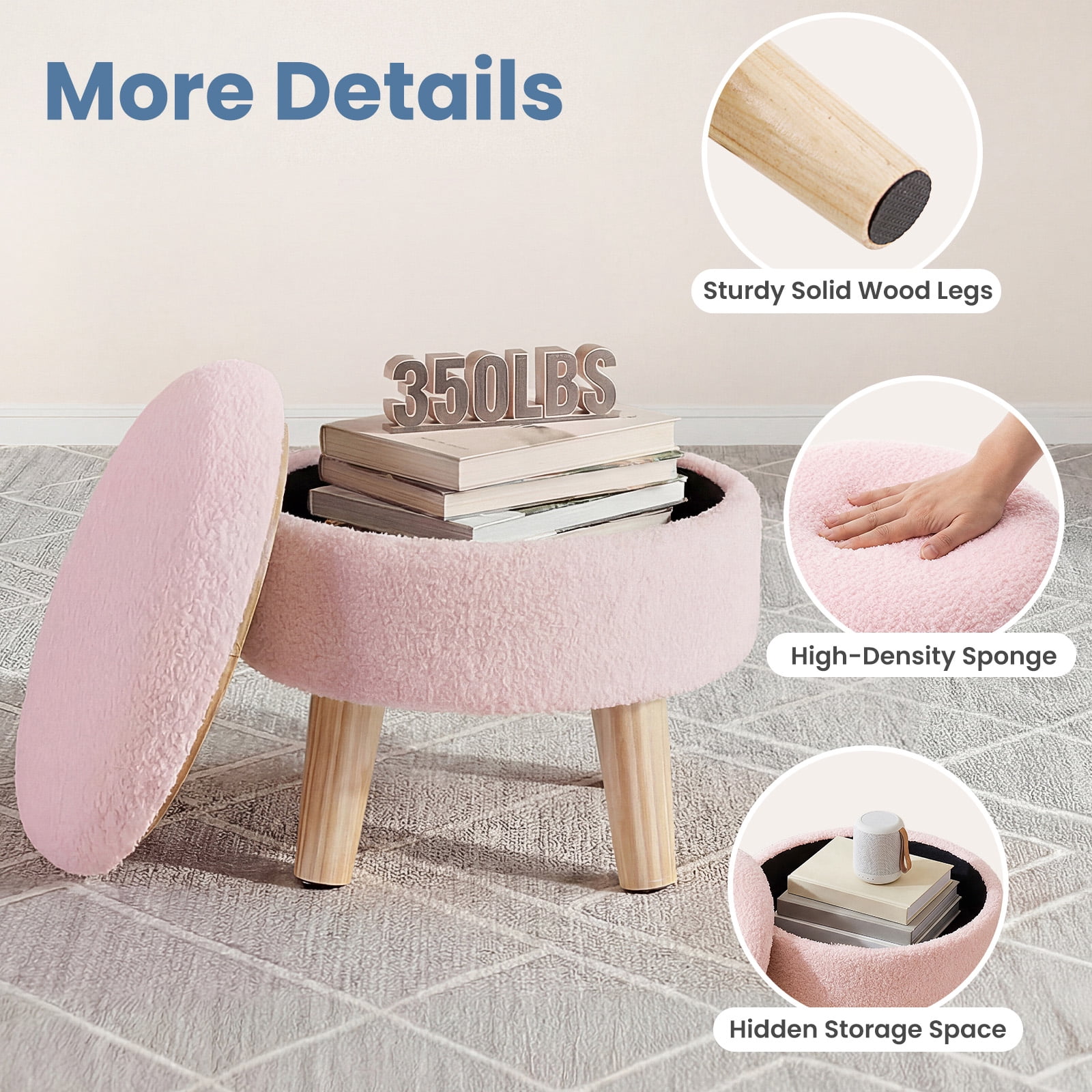CONCETTA Round Storage Ottoman with Soft Padded Seat, Teddy Velvet Footstool with Wood Legs, Accent Ottoman for Living Room & Entryway, Pink