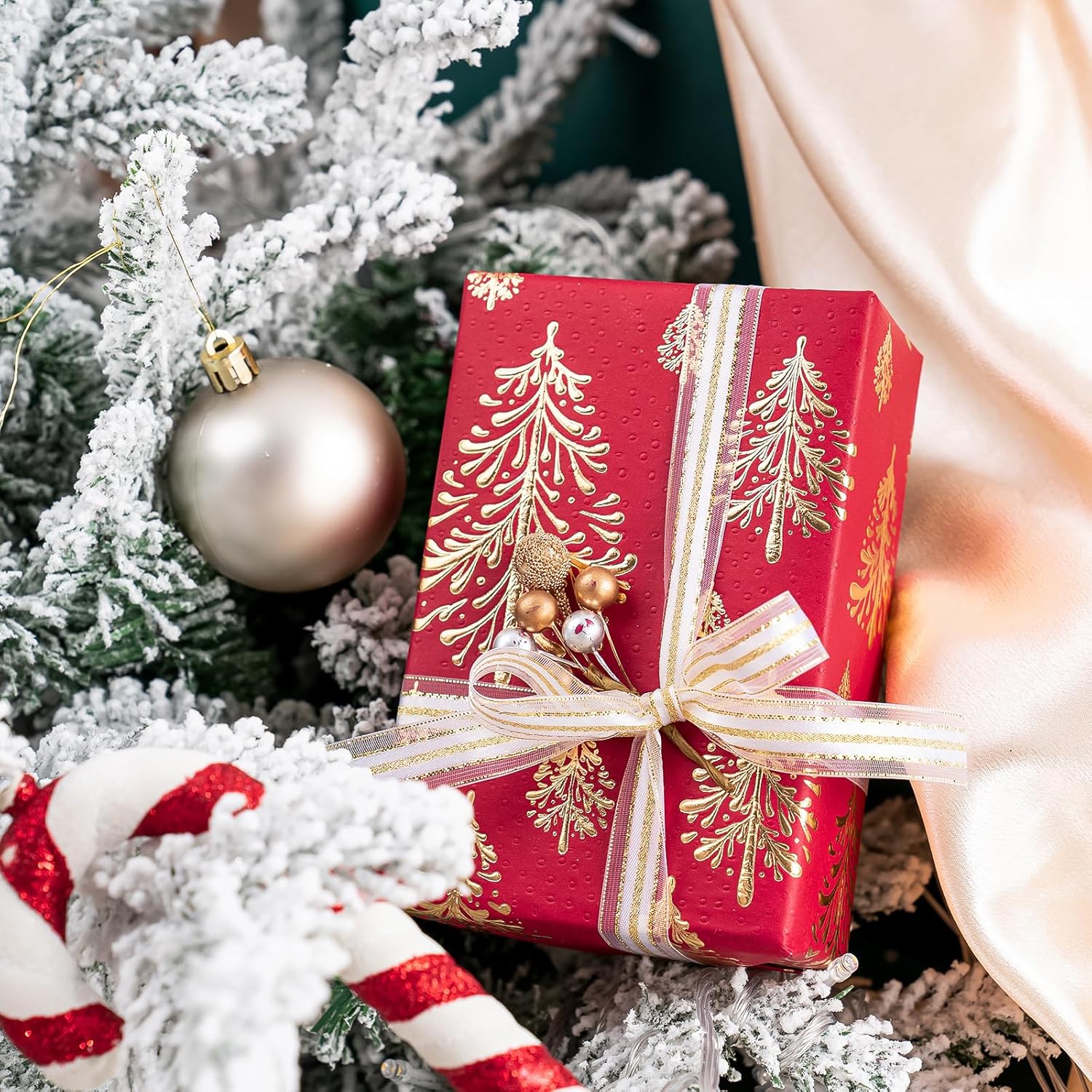 3D Kraft Christmas Wrapping Paper Roll - Mini Roll - 17 Inch x 16.5 Feet - Gold and Red Christmas Tree Wrapping Paper with Embossed Perfect for Holiday, Party Celebration