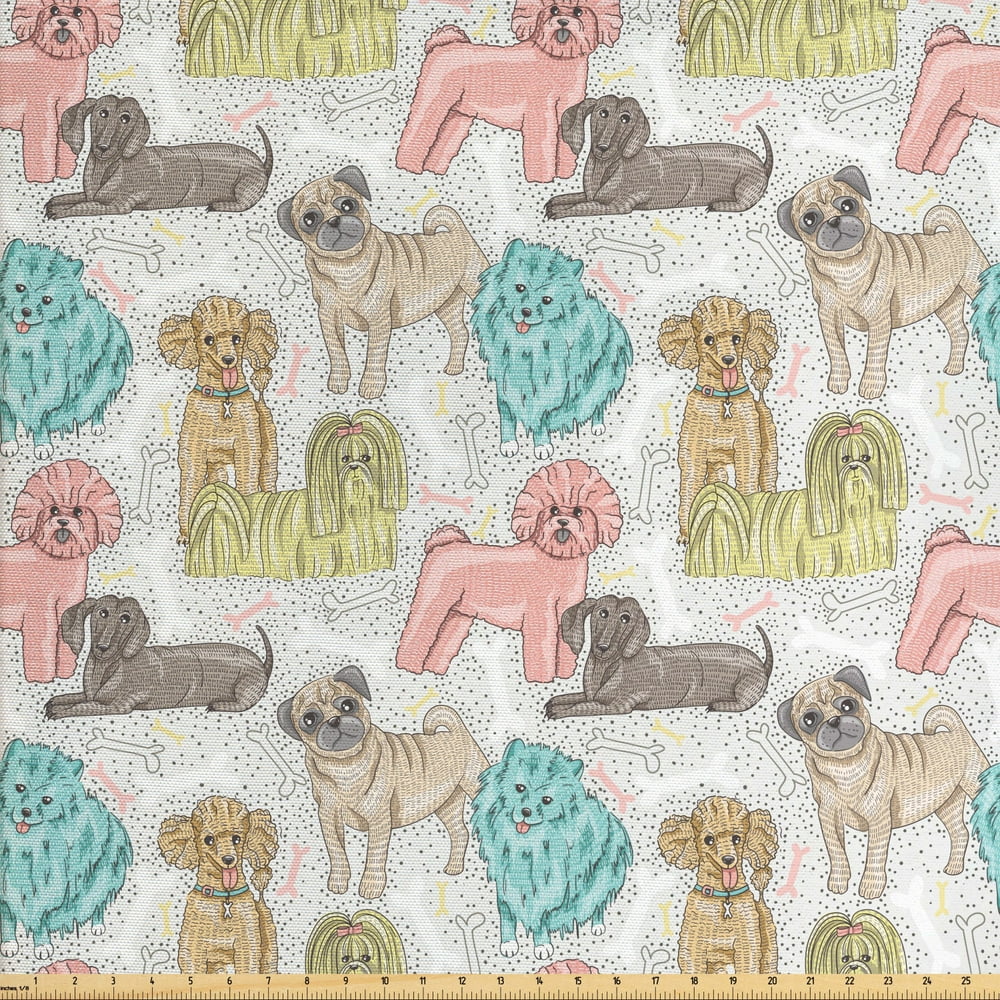 Dogs Fabric by The Yard, Pattern with Little Purebred Puppy Dogs Bichon