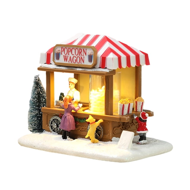 1pcs Christmas Snow House LED Popcorn Wagon Village Figurine Home