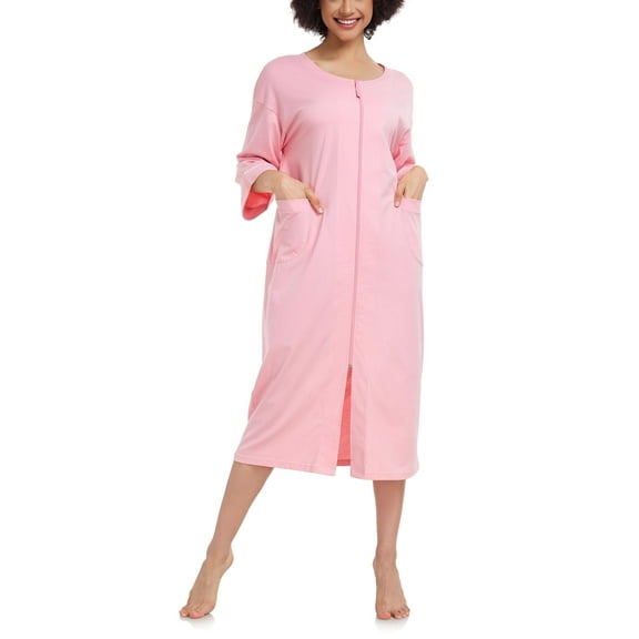 ANLIQI 100% Cotton Zipper Robes for Women 3/4 Sleeve Bathrobe Lightweight with Pockets Loungewear(Pink,L)