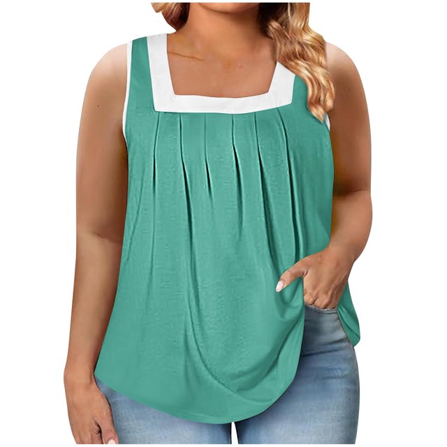 Timegard Plus Size Tank Tops for Women Pleated Square Neck Sleeveless Comfy Casual Loose Shirts Tops
