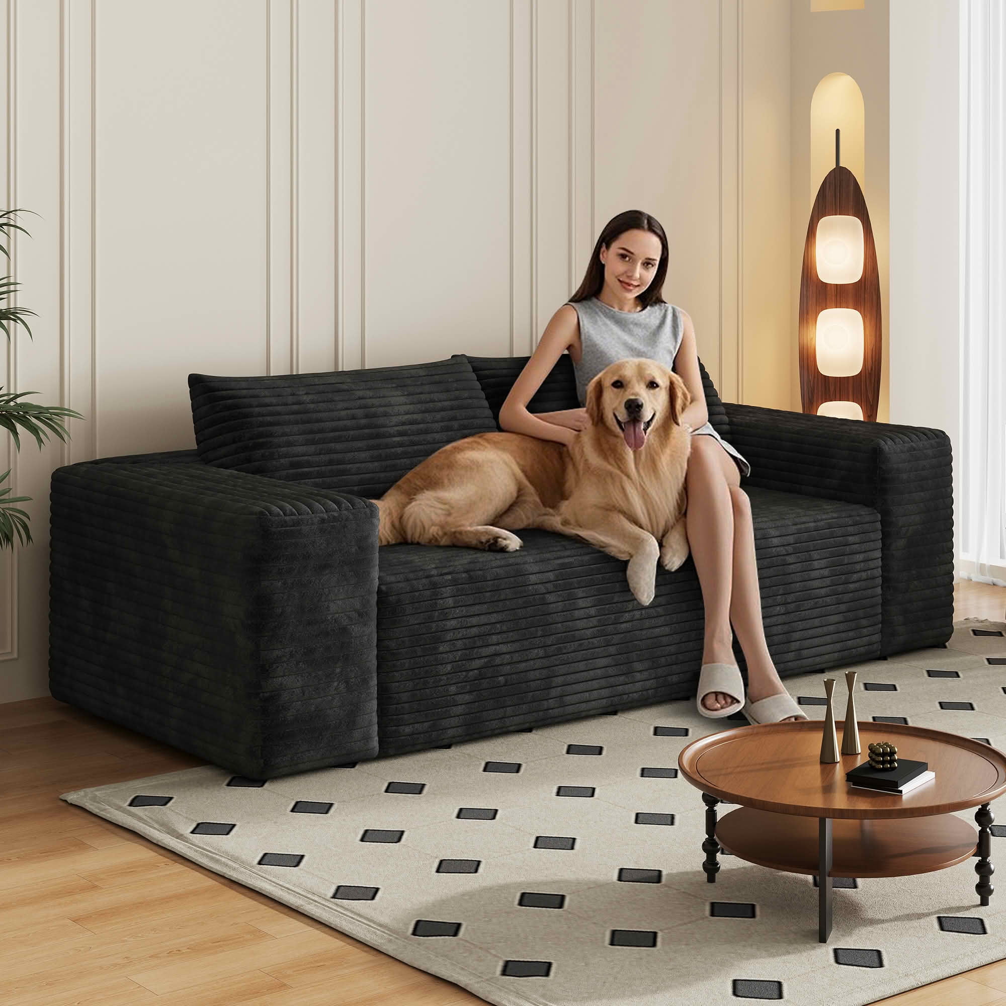 MAYEERTY 78.8" 3-Seater Corduroy Sofa, Deep Seat Comfy Loveseat Sofa, No Assembly Required, Black, Perfect for Living Room, Bedroom, Conference Room and Apartment