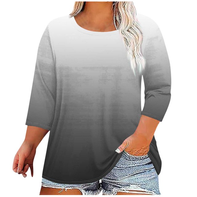 aidice Hauts Grande Taille pour Femmes Col Rond Manches 3/4 T-Shirts Confortables Dégradé de Couleur