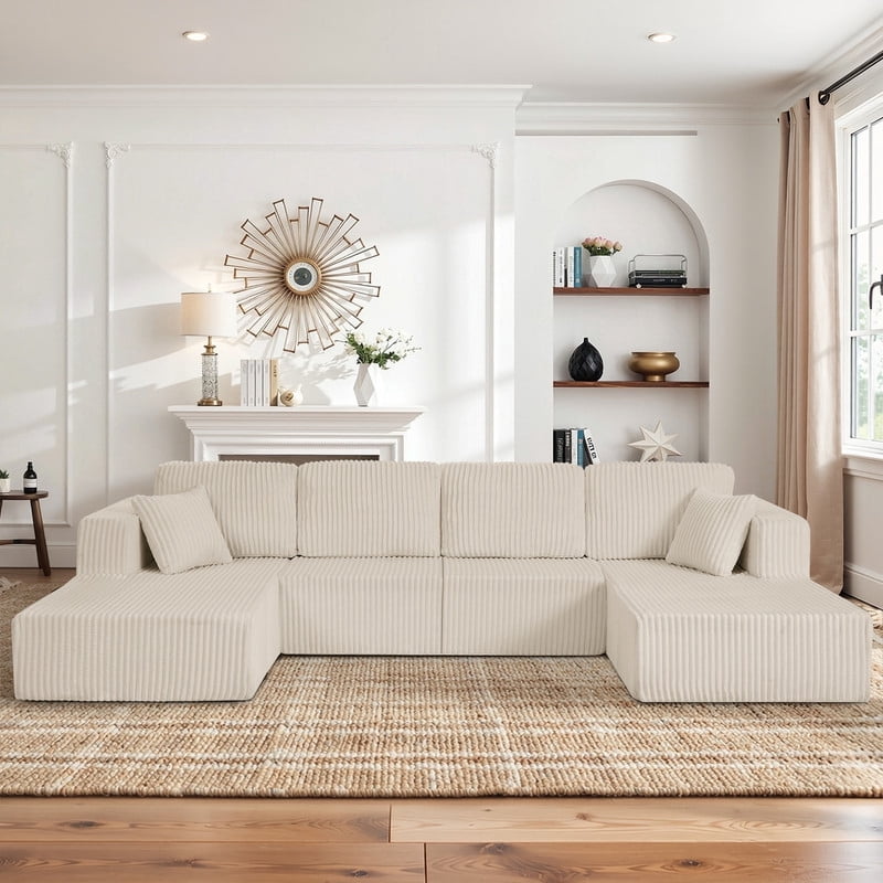 161" Oversized U Shaped Modular Sectional Sofa, Compressed Sofa in a Box, Modern Corduroy Deep Seat Couch, No Assembly Large Sectional Sofa for Living Room, Apartment, Bedroom, Beige