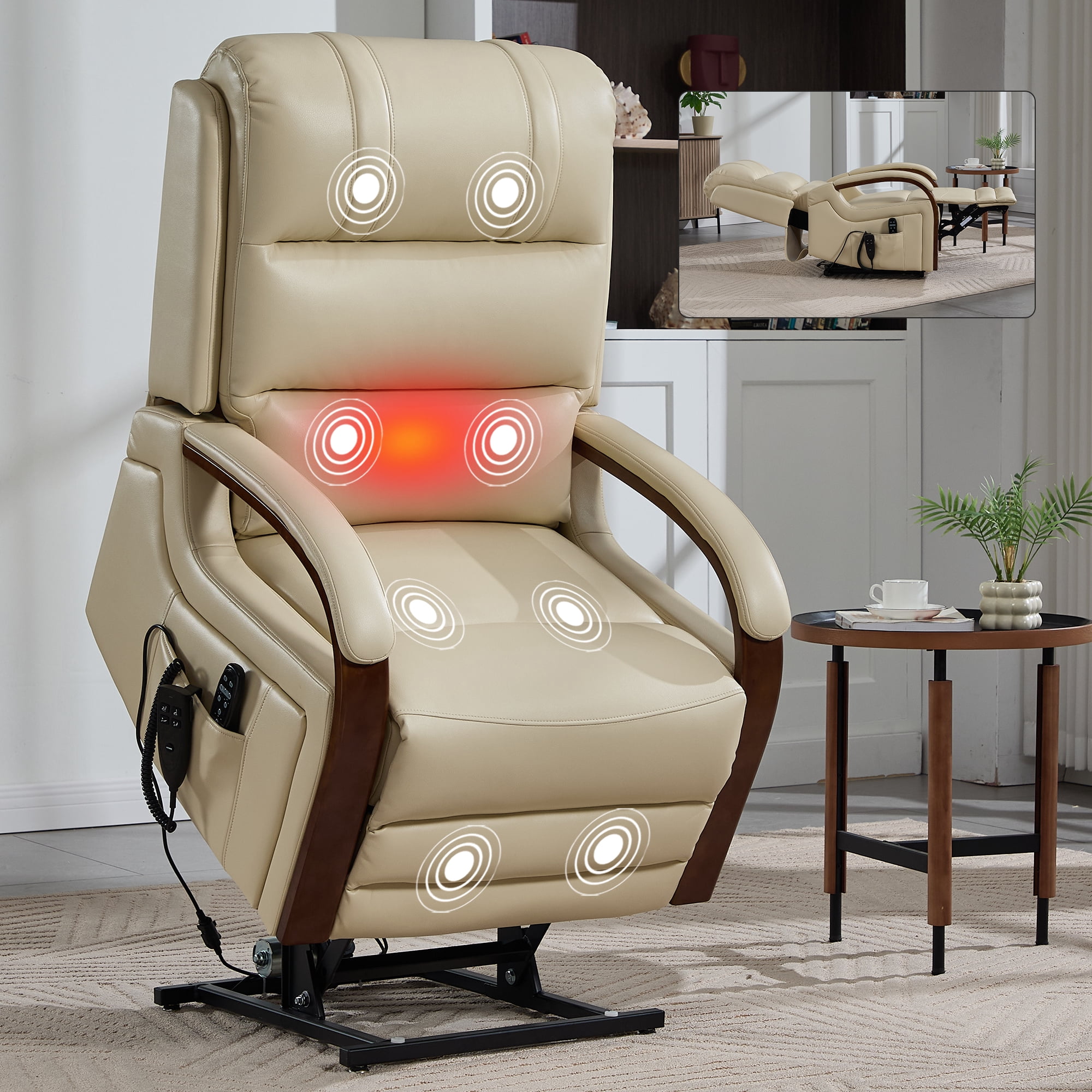 Gewnee Power Lift Recliner Chair with Heat and Massage,Lay Flat Assist Recliner with Side Pocket & Solid Wood Armrest,Lift Chair for Living Room.Beige PU