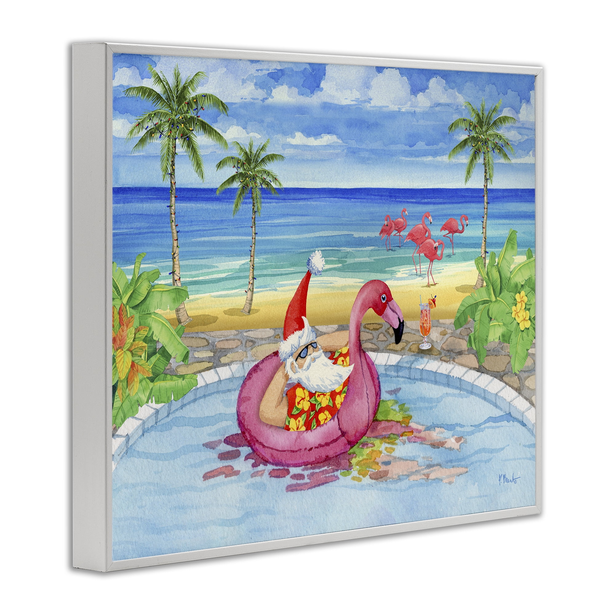 Stupell Industries Santa with Pool Float Holiday Painting White Framed Art Prints Wall Art, 20 x 16