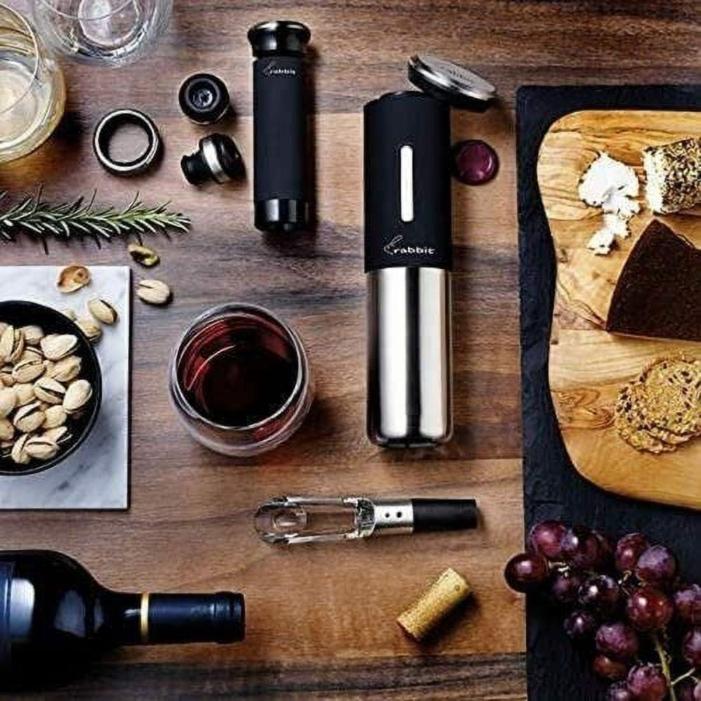 Wine Opener Set - 2018 Edition All-In-One Rabbit Corkscrew Set with Standin Wine Opener Set                6 PCS Kit: Rabbit Corkscrew, Foil Cutter, 2  Bottle Stoppers, Extra Corkscrew, Wood Stand. Designer Gift Box with  Instructions!