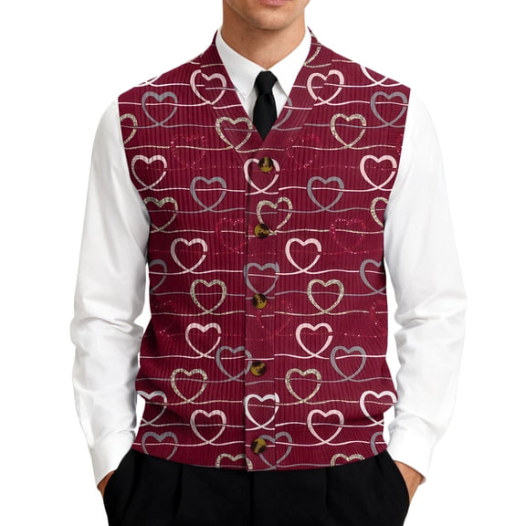 Resicozy Men's Valentines Day Sweater Vest Dressy Knit V Neck Button Down Casual Printed Sleeveless Cardigan Sweaters Wine L